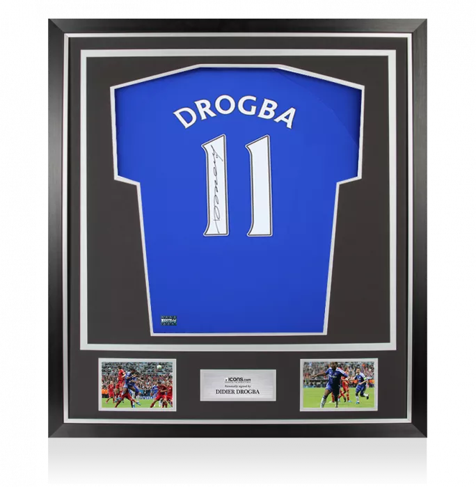 Didier Drogba Back Signed Chelsea T-Shirt with Fan Style Numbers In Classic Frame