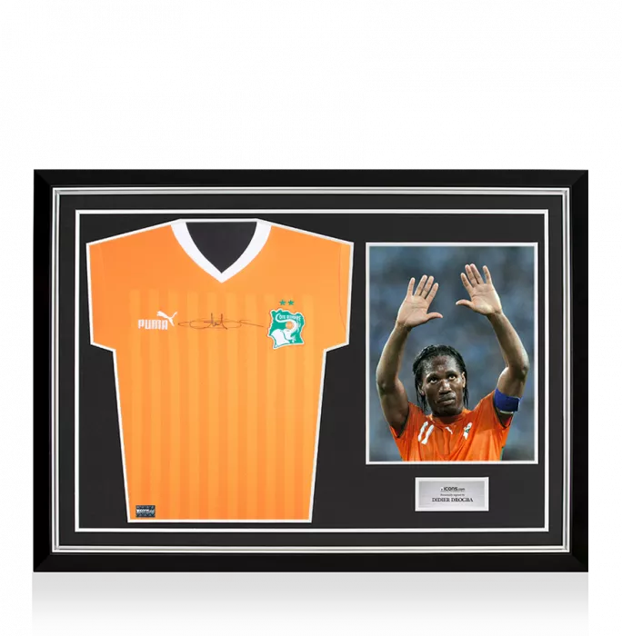 Didier Drogba Front Signed Ivory Coast 2022-23 Home Shirt In Hero Frame: Option 1