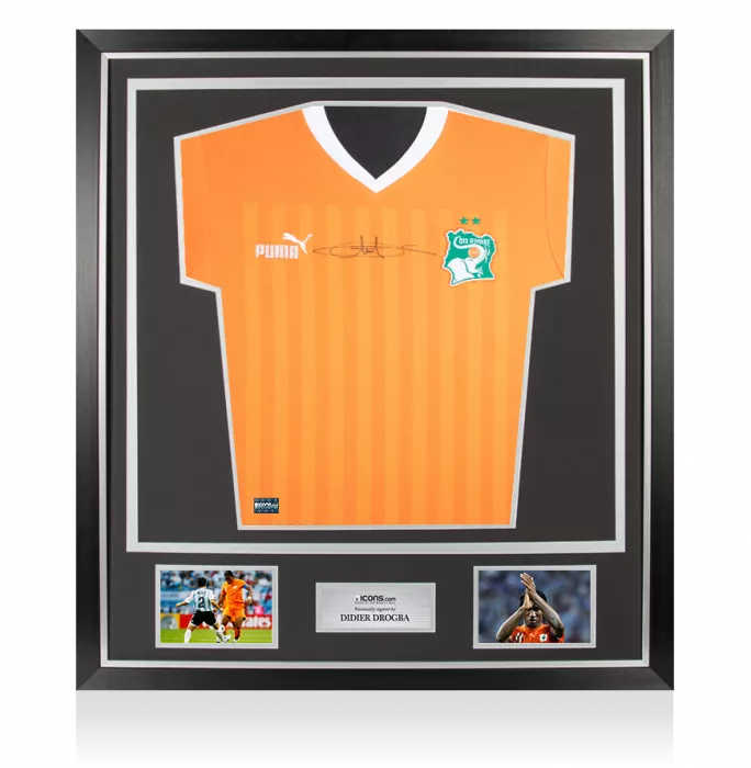 Didier Drogba Front Signed Ivory Coast 2022-23 Home Shirt In Classic Frame