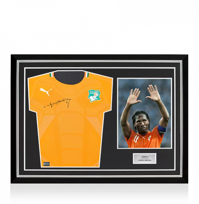 Didier Drogba Front Signed Ivory Coast 2022 Home Shirt In Hero Frame: Option 1