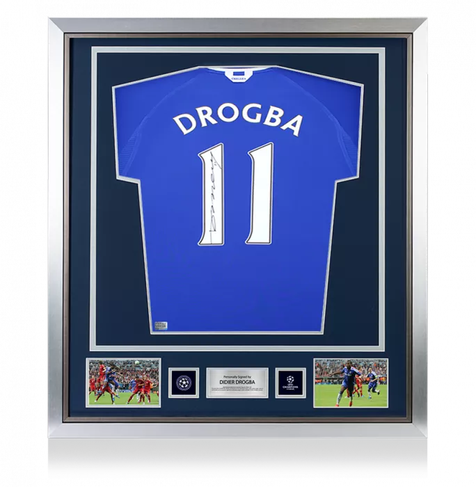 Didier Drogba Official UEFA Champions League Back Signed and Framed Chelsea 2000-01 Home Shirt with Fan Style Numbers