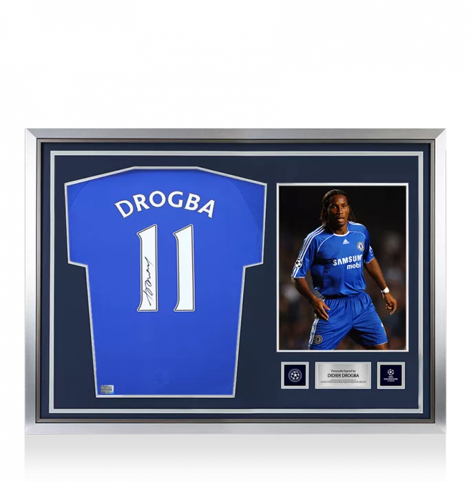 Didier Drogba Official UEFA Champions League Back Signed and Hero Framed Chelsea 2006-08 Home Shirt with Fan Style Number