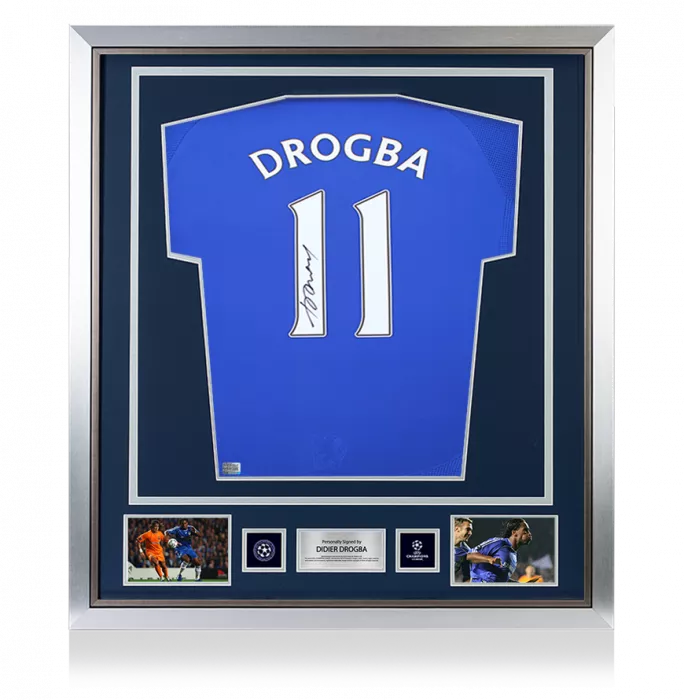 Didier Drogba Official UEFA Champions League Back Signed and Framed Chelsea 2006-08 Home Shirt with Fan Style Number