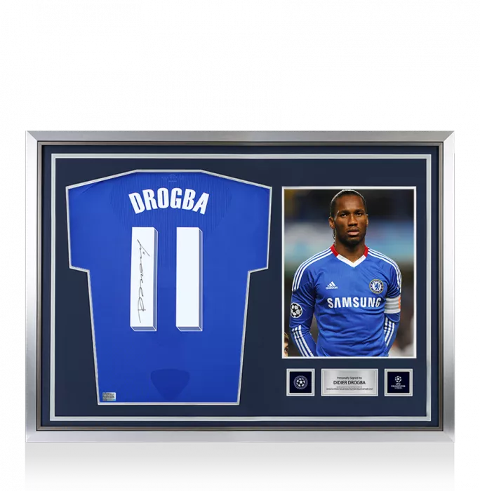 Didier Drogba Official UEFA Champions League Back Signed and Hero Framed Chelsea 2010-11 Home Shirt with Fan Style Numbers