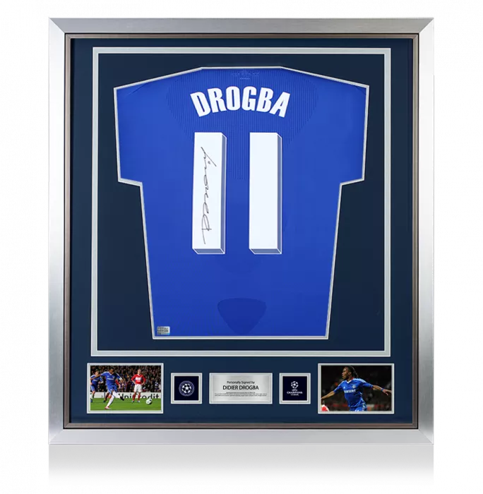 Didier Drogba Official UEFA Champions League Back Signed and Framed Chelsea 2010-11 Home Shirt with Fan Style Numbers