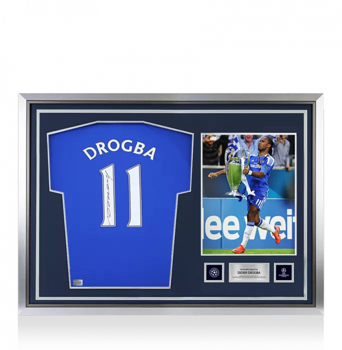 Didier Drogba Official UEFA Champions League Back Signed and Hero Framed Chelsea T-Shirt with Fan Style Numbers