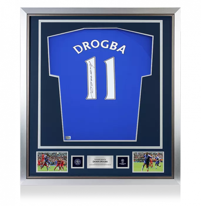 Didier Drogba Official UEFA Champions League Back Signed and Framed Chelsea T-Shirt with Fan Style Numbers