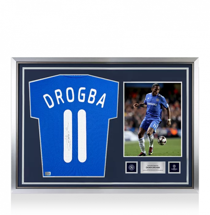 Didier Drogba Official UEFA Champions League Back Signed and Hero Framed Chelsea 2009-10 Home Shirt