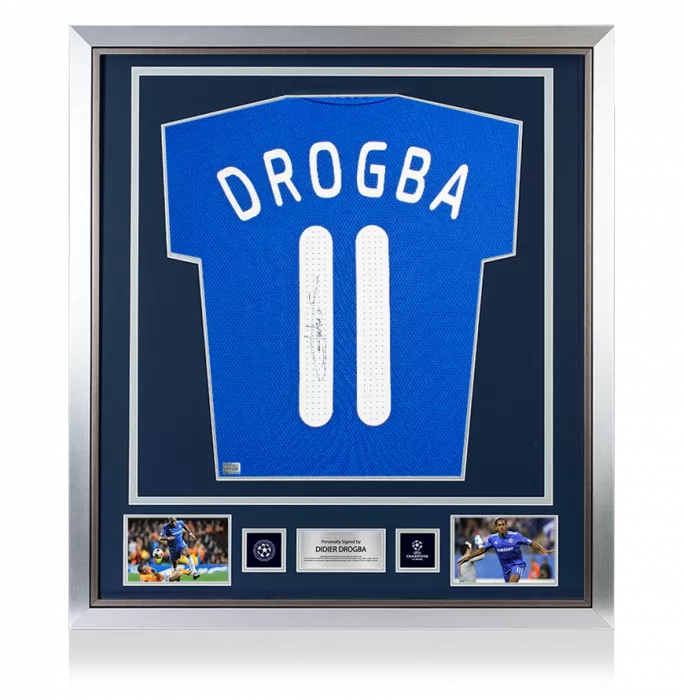 Didier Drogba Official UEFA Champions League Back Signed and Framed Chelsea 2009-10 Home Shirt