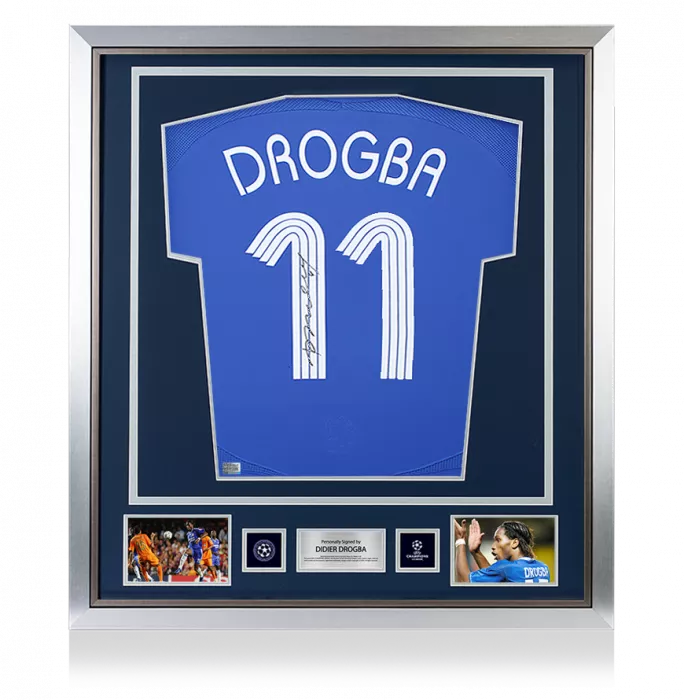 Didier Drogba Official UEFA Champions League Back Signed and Framed Chelsea 2006-08 Home Shirt