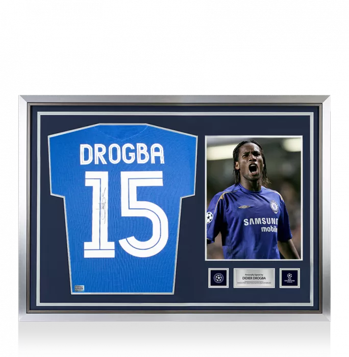 Didier Drogba Official UEFA Champions League Back Signed and Hero Framed Chelsea 2005-06 Centenary Home Shirt