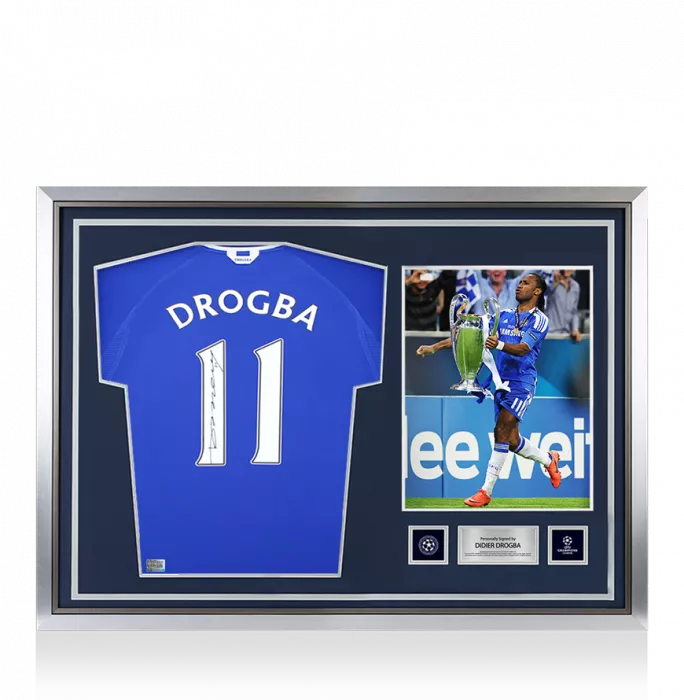 Didier Drogba Official UEFA Champions League Back Signed and Hero Framed Chelsea 2000-01 Home Shirt with Fan Style Numbers