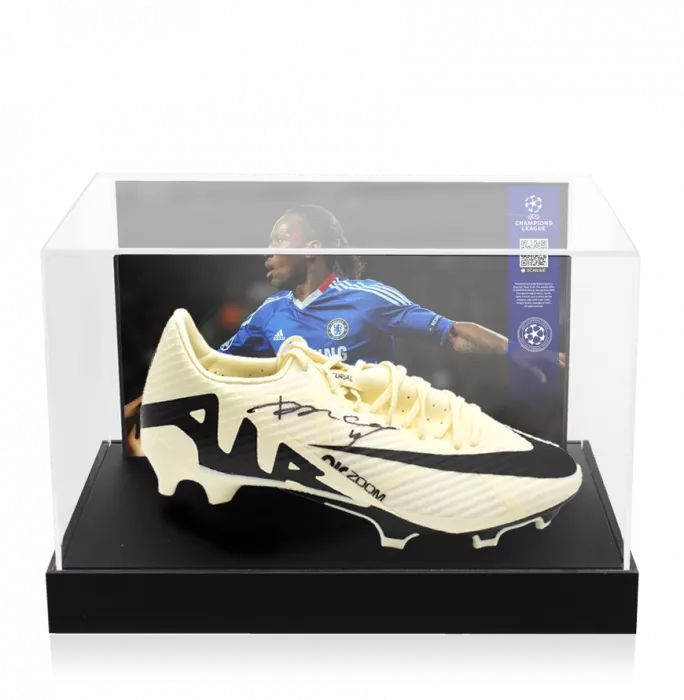 Didier Drogba Official UEFA Champions League Signed Nike Vapor Boot In Photo Acrylic Case: Option 1