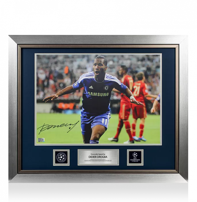 Didier Drogba Official UEFA Champions League Signed and Framed Chelsea Photo: 2012 Final Goal