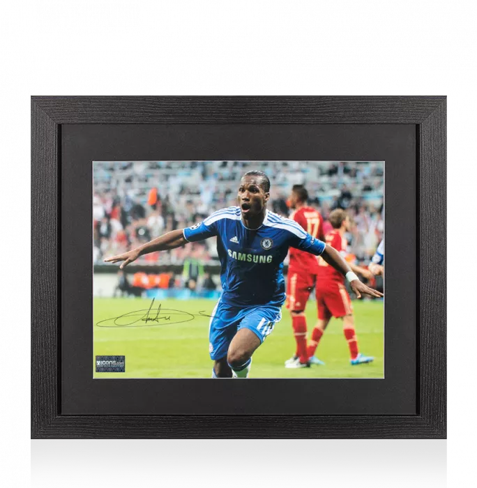 Didier Drogba Signed Chelsea FC Photo In Black Wooden Frame: 2012 UEFA Champions League Final Goal