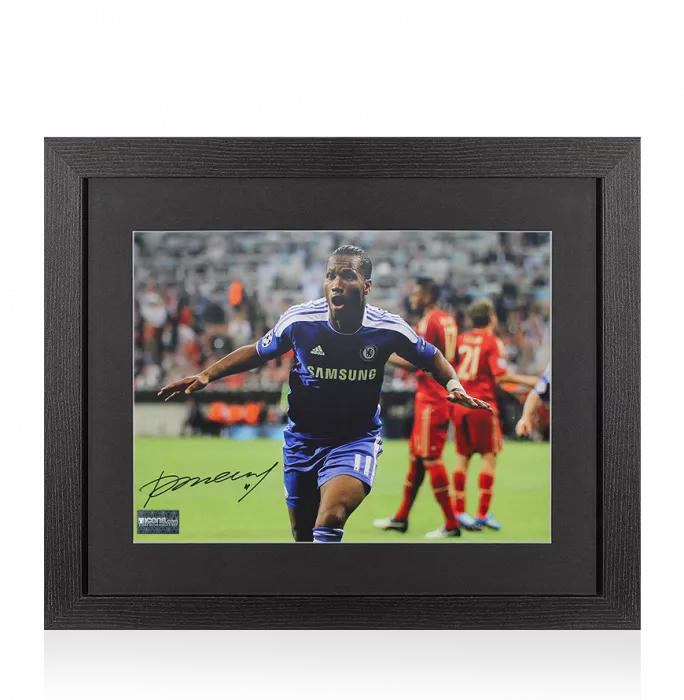 Didier Drogba Signed Chelsea Photo In Black Wooden Frame: UEFA Champions League Final Goal