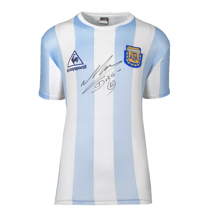 Diego Maradona Front Signed Retro Le Coq Sportif Argentina Home And Original Artwork Shirt In Hero Frame: Limited Edition 1/1