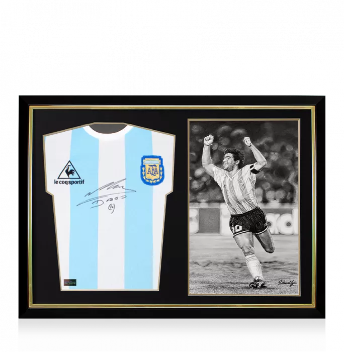 Diego Maradona Front Signed Retro Le Coq Sportif Argentina Home and Original Artwork Shirt In Hero Frame: Limited Edition 1/1