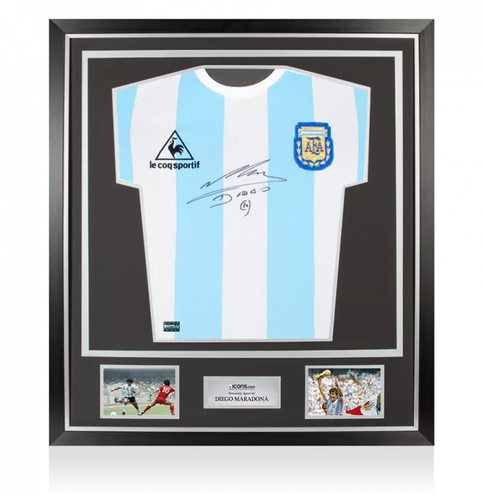 Diego Maradona Front Signed Retro Le Coq Sportif Argentina Home Shirt In Classic Frame