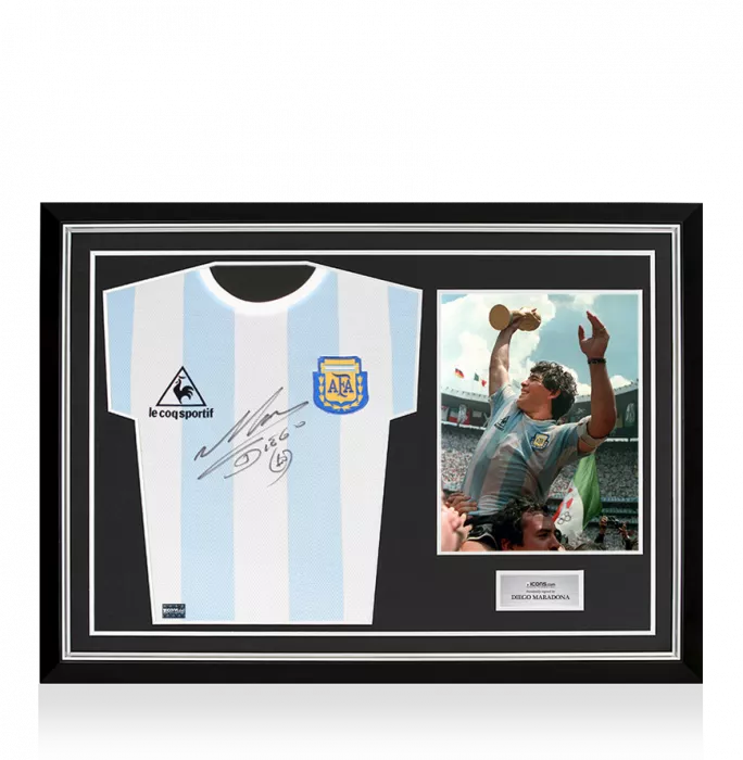 Diego Maradona Front Signed Retro Le Coq Sportif Argentina Home Shirt In Hero Frame: Option 1