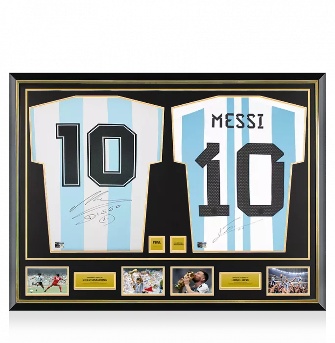 Diego Maradona & Lionel Messi Official FIFA World Cup™ Signed and Dual Framed Argentina Shirts