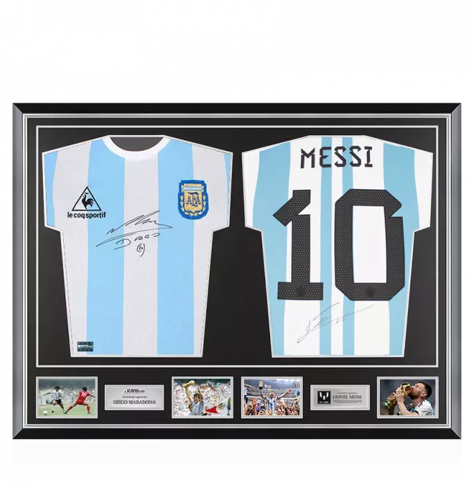 Diego Maradona & Lionel Messi Signed Argentina Shirts In Classic Dual Frame