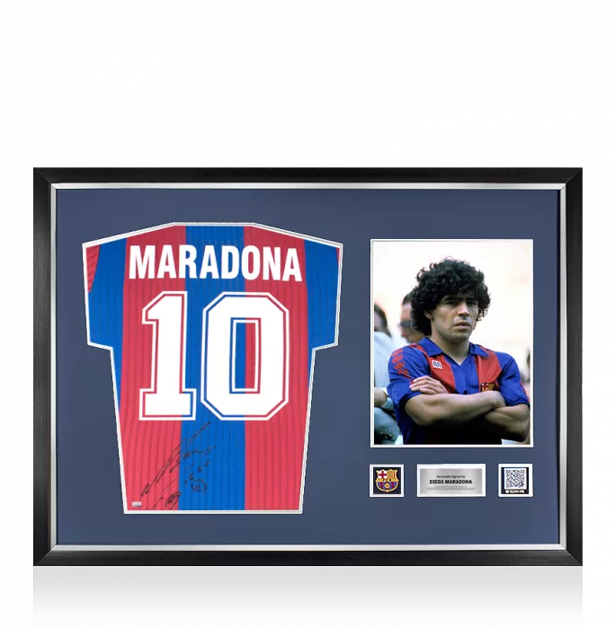 Diego Maradona Official FC Barcelona Back Signed and Framed Retro Home Shirt