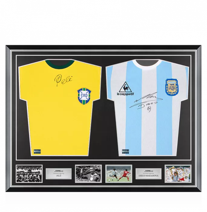 Diego Maradona Signed Argentina & Pele Signed Brazil Retro Shirts In Classic Dual Frame