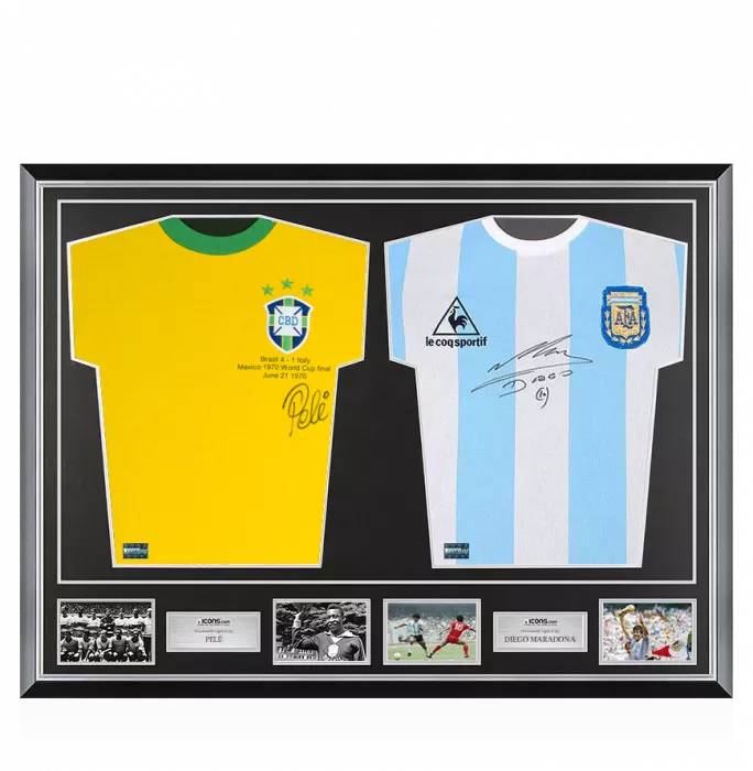 Diego Maradona Signed Argentina & Pele Signed Brazil Retro Shirts In Classic Dual Frame