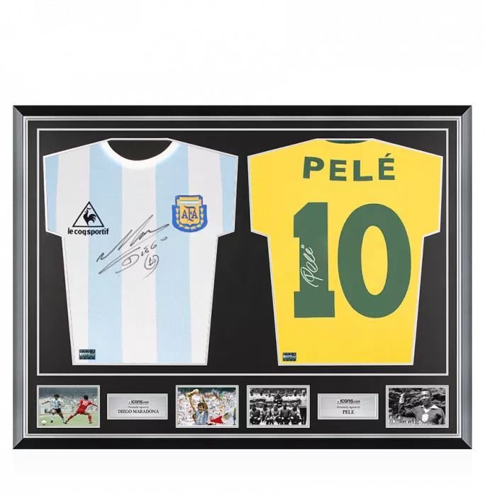 Diego Maradona Signed Argentina & Pele Signed Brazil Shirts In Classic Dual Frame