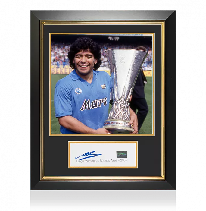 Diego Maradona Signed Card And SSC Napoli Photo Frame: UEFA Cup Winner