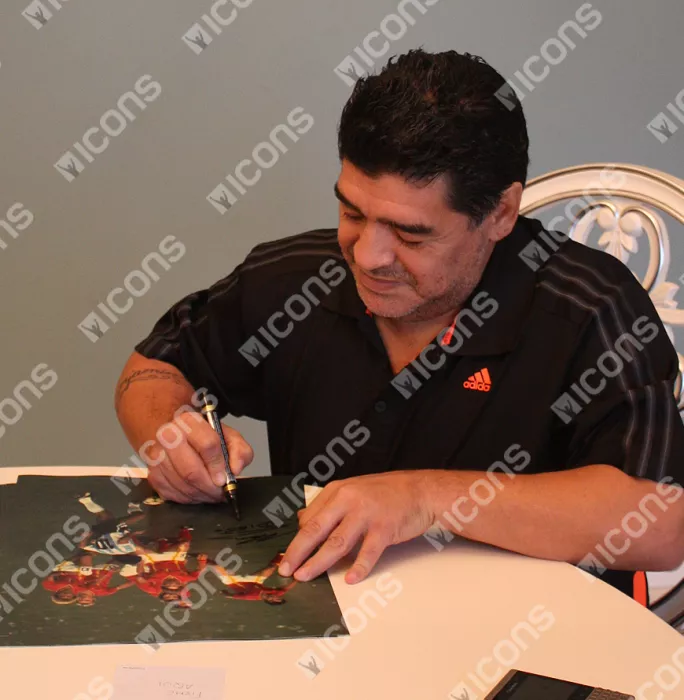 Diego Maradona Signed Photo In Black Wooden Frame: Taking On The Belgians