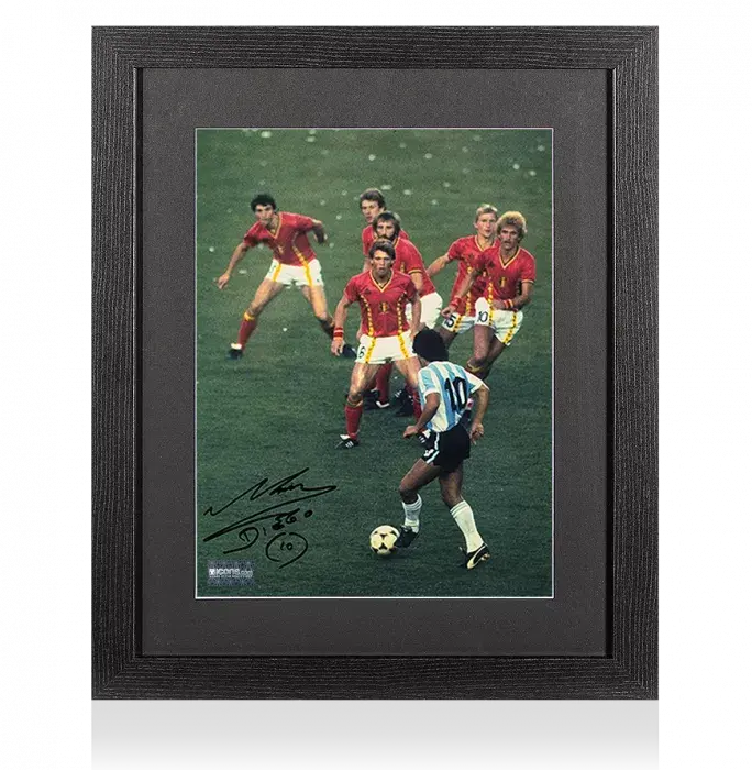 Diego Maradona Signed Photo In Black Wooden Frame: Taking On The Belgians