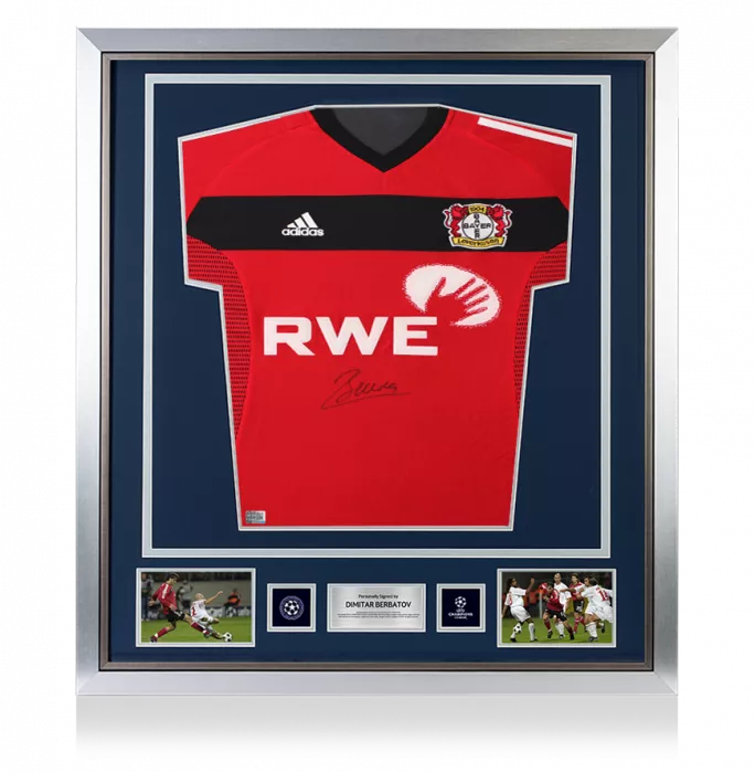 Dimitar Berbatov Official UEFA Champions League Front Signed And Framed Bayer 04 Leverkusen 2002-04 Home Shirt