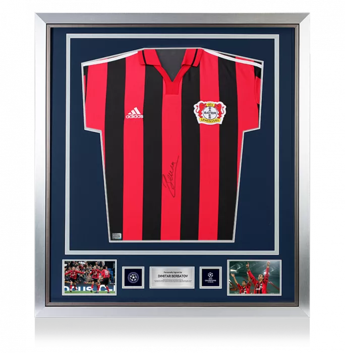Dimitar Berbatov Official UEFA Champions League Front Signed and Framed Bayer 04 Leverkusen 2000-01 Home Shirt