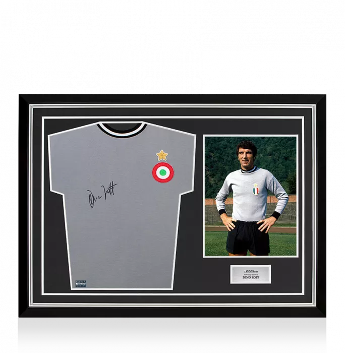 Dino Zoff Front Signed Retro Juventus Home Shirt In Hero Frame: Option 1