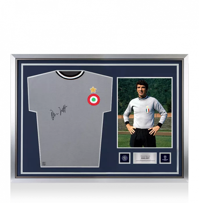 Dino Zoff Official UEFA Champions League Front Signed And Hero Framed Juventus Retro Home Shirt