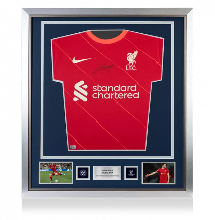Diogo Jota Official UEFA Champions League Front Signed and Framed Liverpool 2021-22 Home Shirt