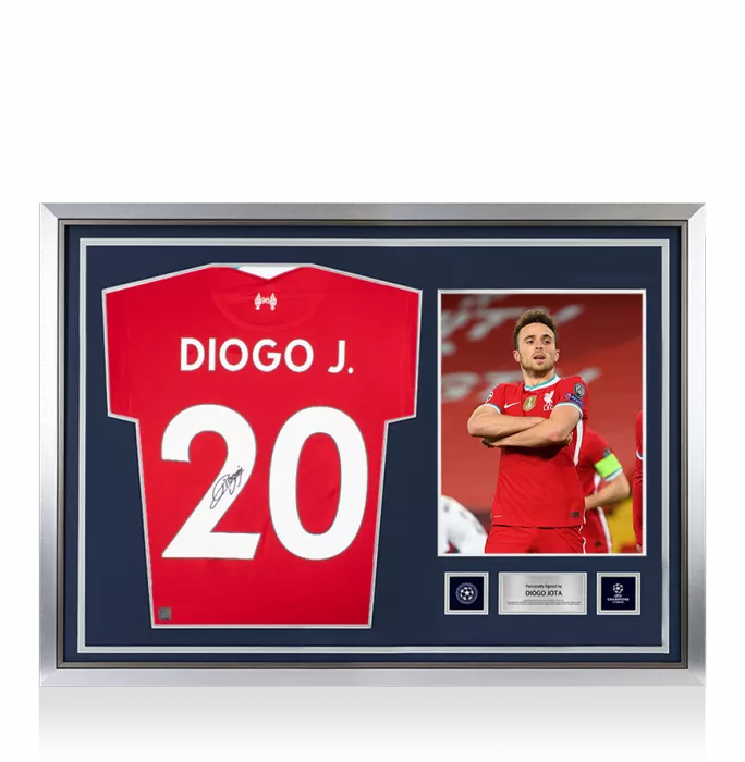 Diogo Jota Official UEFA Champions League Signed and Hero Framed Liverpool FC 2020-21 Home Shirt With Fan Style Numbers