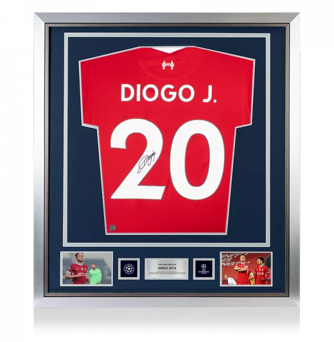Diogo Jota Official UEFA Champions League Signed and Framed Liverpool FC 2020-21 Home Shirt With Fan Style Numbers