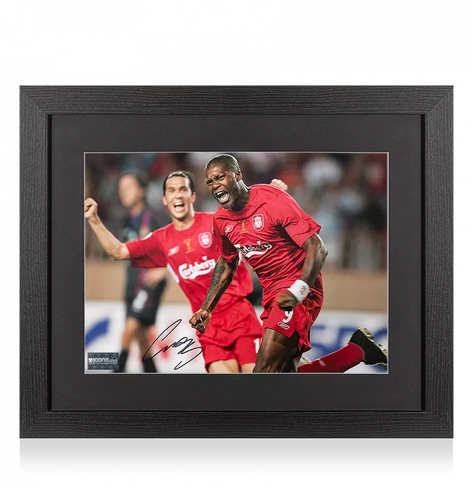 Djibril Cisse Signed Liverpool Photo In Black Wooden Frame: 2005 UEFA Super Cup Goal