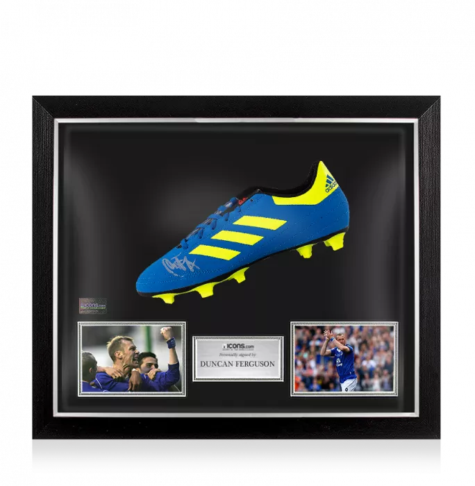 Duncan Ferguson Signed Blue And Yellow Adidas Boot In Bubble Frame: Everton