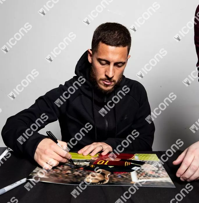 Eden Hazard Signed Belgium Photo In Black Wooden Frame: Red Devil