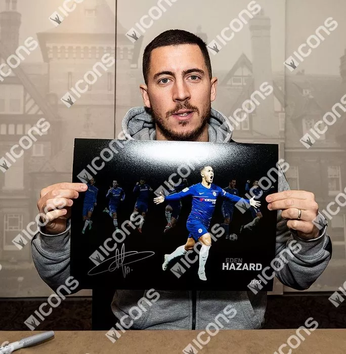 Eden Hazard Signed Chelsea Artwork In Black Wooden Frame: 100 Chelsea Goals