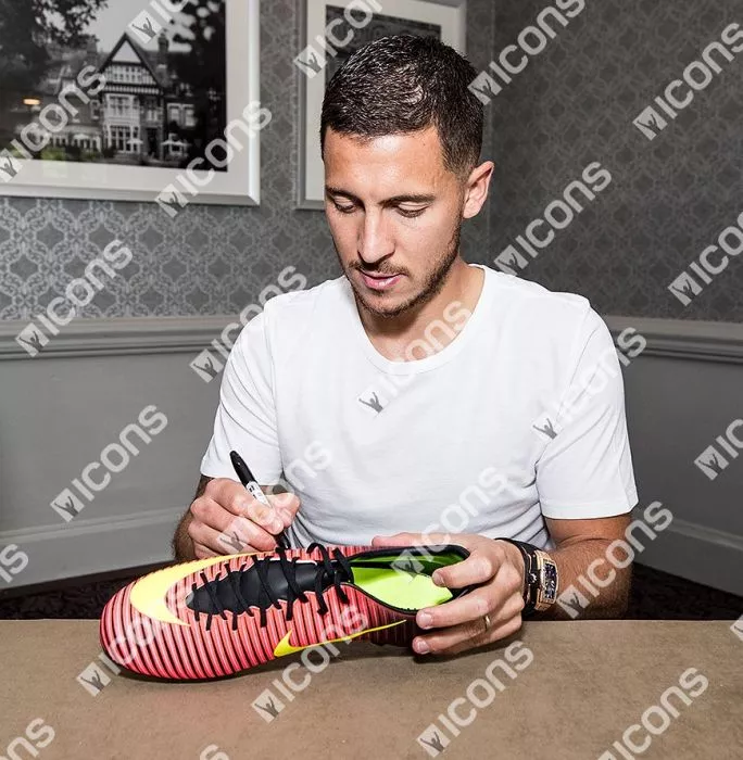 Eden Hazard Signed Orange And Black Nike Mercurial Boot In Acrylic Display Case