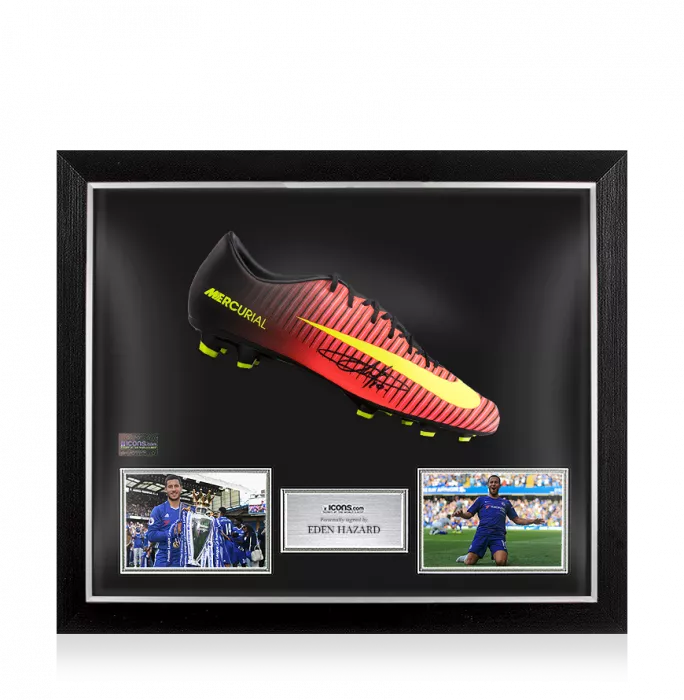 Eden Hazard Signed Orange and Black Nike Mercurial Boot In Bubble Frame: Option 1