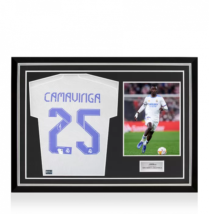 Eduardo Camavinga Back Signed Real Madrid 2021-22 Home Shirt In Hero Frame: Option 1