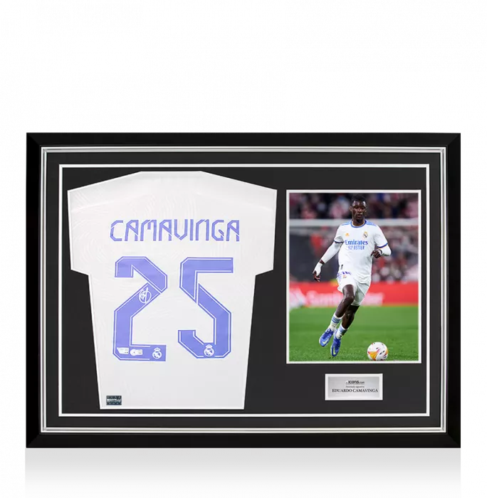 Eduardo Camavinga Back Signed Real Madrid CF 2021-22 Home Shirt In Hero Frame: Option 1