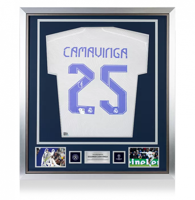 Eduardo Camavinga Official UEFA Champions League Back Signed and Framed Real Madrid 2021-22 Home Shirt