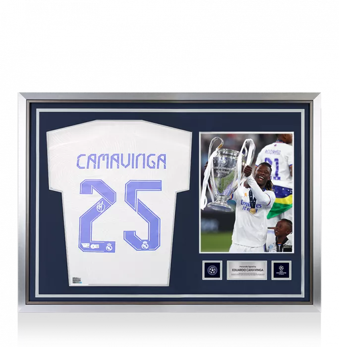 Eduardo Camavinga Official UEFA Champions League Back Signed and Hero Framed Real Madrid CF 2021-22 Home Shirt